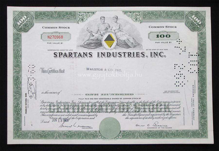 Spartans Industries Inc. 100 r�szv�ny 1968 - ruhaipar, kereskedelem